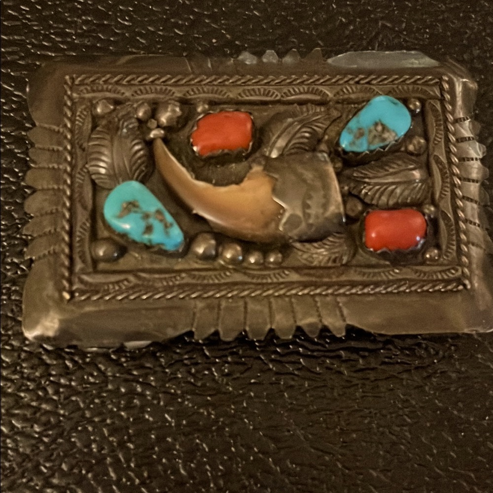 Coral and turquoise sterling silver vintage Native American belt buckle